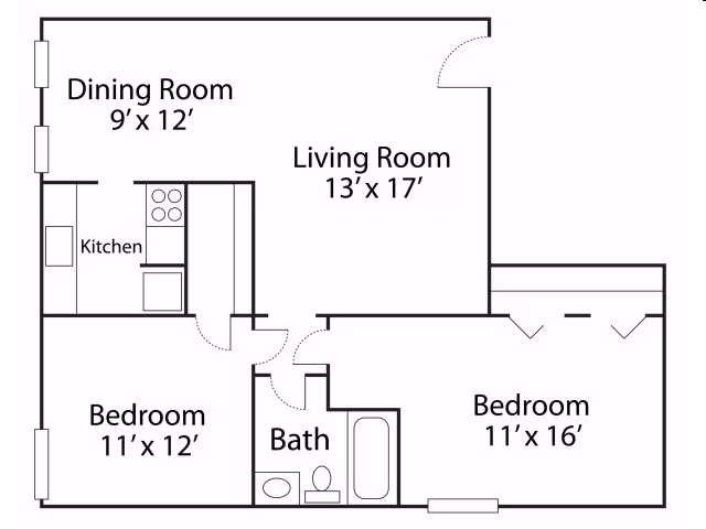2 Bedroom/ 1 Bathroom Silver 105 floor plan